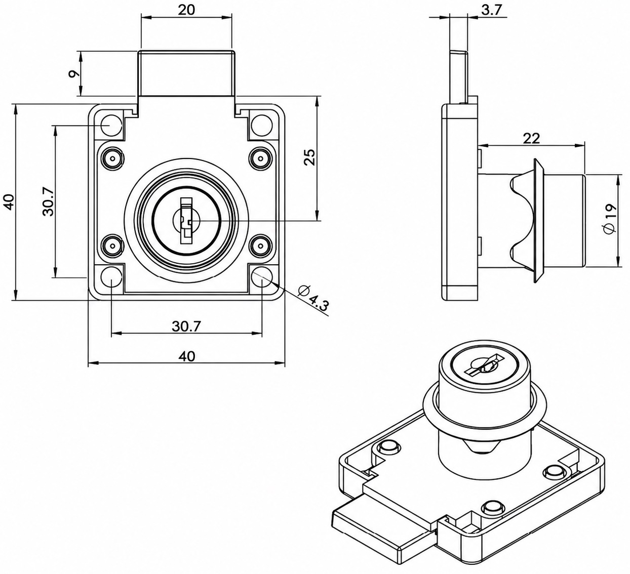 Încuietoare de înaltă calitate, suprafață: neagră, ⌀19 mm (3/4"), versiune: închidere stânga, 14.01.062-5. Încuietoare robustă cu șuruburi pentru uși de dulapuri, uși de mobilier, dulapuri de birou, dulapuri de dosare și multe altele, de la SISO Danemarca - imagine 4