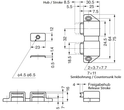 Clapetă magnetică compactă, incl. contraplacă, suprafață: maro, 25 mm (63/64"), versiune: cu 2 pistonuri, ML-30WBR. Deschizător dublu de uși pentru uși de mobilier, uși de dulap și multe altele, de Sugatsune / LAMP® (Japonia) - imagine 2