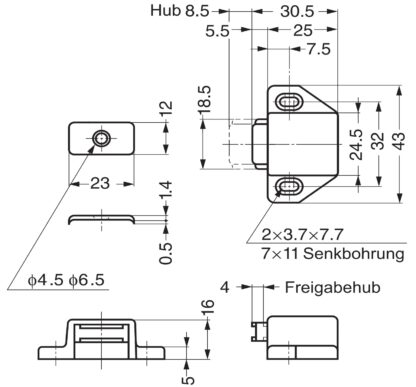 Zăvor magnetic compact de 2 bucăți, incl. contraplacă, suprafață: maro, 25 mm (63/64"), ML-30SBR. Deschizător de uși push-to-open care economisește spațiu pentru uși de mobilier, uși de dulap și multe altele, de Sugatsune / LAMP® (Japonia) - imagine 2