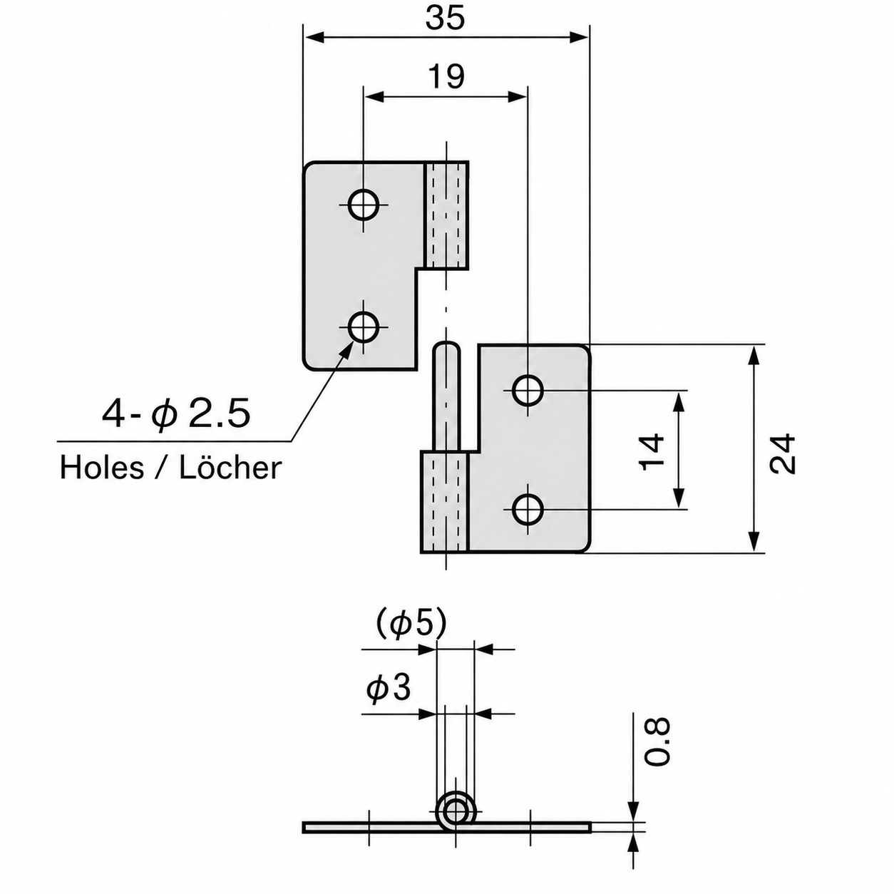 Balama de ridicare compactă, B-56-L, înălțime: 35 mm, de la TAKIGEN, capacitate de încărcare: 2 kg (5 lbs), versiune: stânga. Desen tehnic