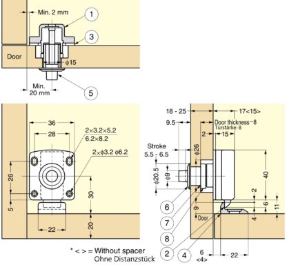 Închidere cu buton pentru grosimea ușii de la 18 la 21 mm, suprafață: fildeș, SL-B211-I. Push-Latch pentru conversie RV, interior iaht, mobilier rulotă și multe altele, de Sugatsune / LAMP® (Japonia) - imagine 2