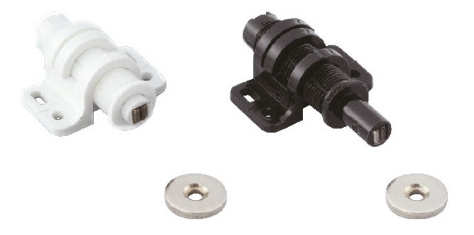 2 bucăți de clapetă magnetică rotundă cu opțiune de reglare, incl. contraplacă, suprafață: neagră, MC-25BL. Deschizător de uși push-to-open pentru uși de mobilier, uși de dulap și multe altele, de Sugatsune / LAMP® (Japonia) - imagine 3