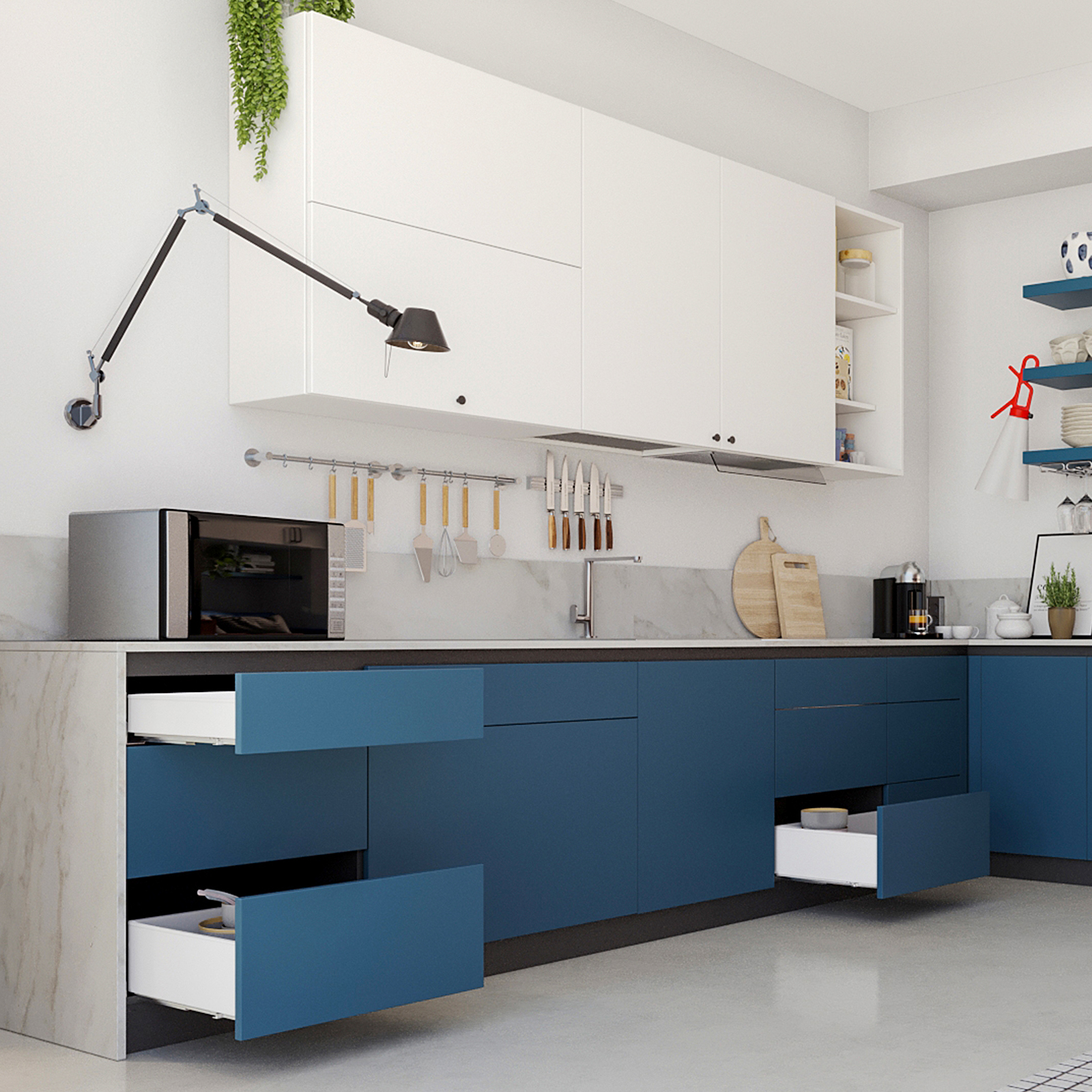 Set de sertare, cu rame foarte subțiri, înălțimea cadrului 88 mm (3-15/32"), suprafață: albă, 300 mm (11-13/16"), versiune: extragere parțială cu închidere amortizată, 3275012. Set practic de sertare pentru mobilier de bucătărie și multe altele, de la EMUCA - imagine 10