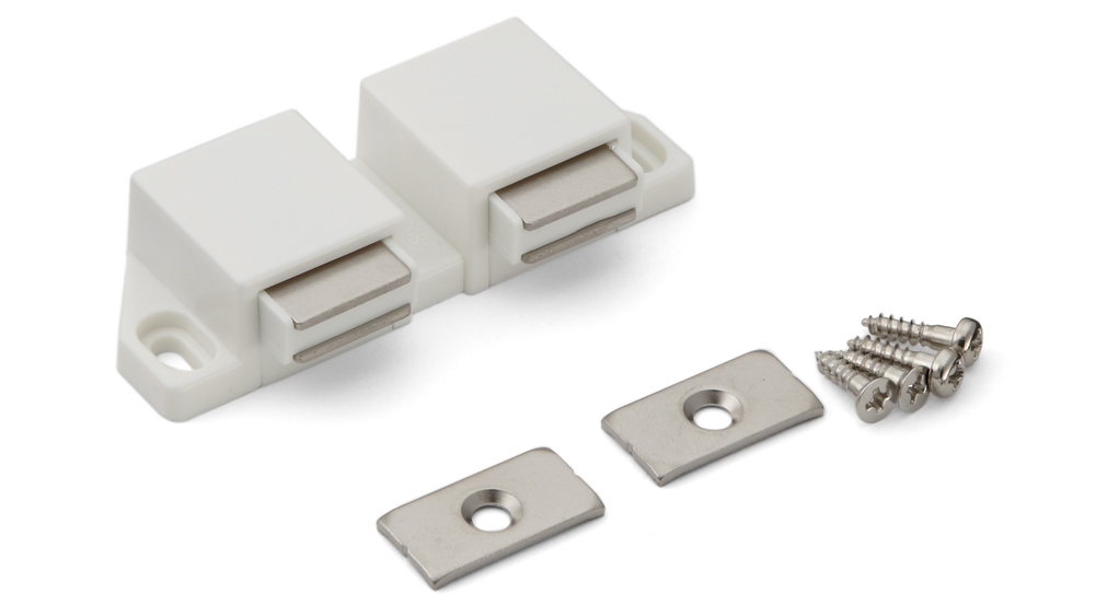 Zăvor magnetic compact, incl. contraplacă, suprafață: albă, 25 mm (63/64"), versiune: cu 2 pistonuri, ML-30WW. Deschizător dublu de uși cu economie de spațiu pentru uși de mobilier, uși de dulap și multe altele, de Sugatsune / LAMP® (Japonia) - imagine 4