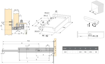 Glisiere sub pardoseală, capacitate de încărcare: 25 kg (56 lbs), 250 mm (9-27/32"), versiune: extensie parțială cu push-to-open, 3123005. Extensibilități de înaltă calitate pentru pardoseală pentru sertare din lemn, sertare din lemn, rafturi din lemn și multe altele, de la EMUCA - imagine 2