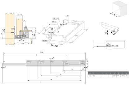 Glisiere sub pardoseală, capacitate de încărcare: 25 kg (56 lbs), 250 mm (9-27/32"), Design: Extragere parțială cu închidere amortizată, 3019005. Extensibili de înaltă calitate pentru sertare din lemn, sertare din lemn, rafturi din lemn și multe altele, de la EMUCA - imagine 2