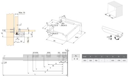 Glisiere sub pardoseală, capacitate de încărcare: 30 kg (67 lbs), 400 mm (15-3/4"), versiune: extensie completă cu închidere amortizată, 3124305. Extensibilități de înaltă calitate pentru sertare din lemn, sertare din lemn, rafturi din lemn și multe altele, de la EMUCA - imagine 2